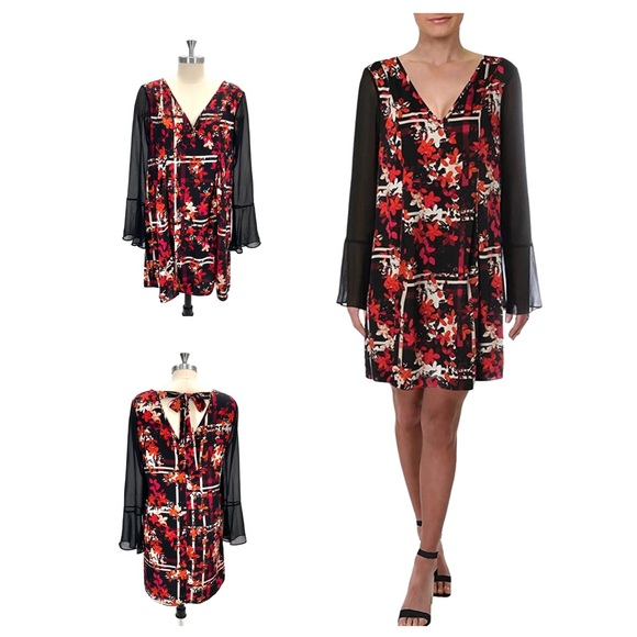 BCBGeneration Dress Flare Sleeve Bow Back Mini Dress Size Medium Sheer Sleeves - Picture 1 of 14